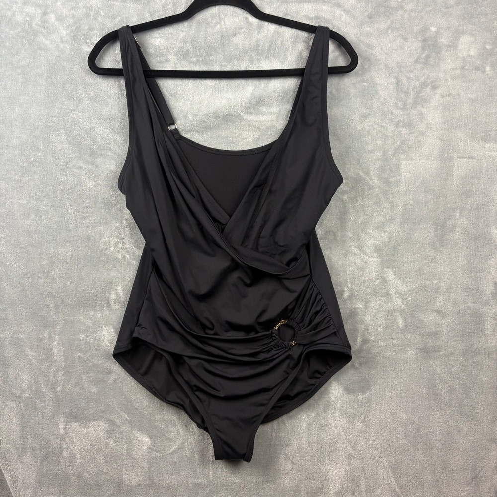 Michael Kors Womens Black One Piece Swimsuit Ruched Gold Hardware Surplice Wrap - Picture 2 of 11